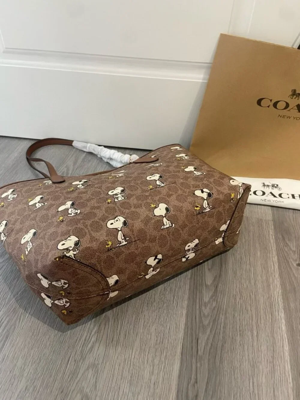 Coach Brown Signature Monogram Snoopy Print Large Shoulder Tote
